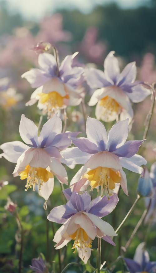 A close-up shot of various pastel-colored columbine flowers in full bloom under a crystal clear morning sky.