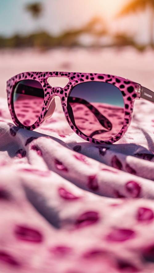 밝은 여름 태양 아래 비치 타월에 멋진 핑크색 치타 프린트 선글라스가 있습니다.