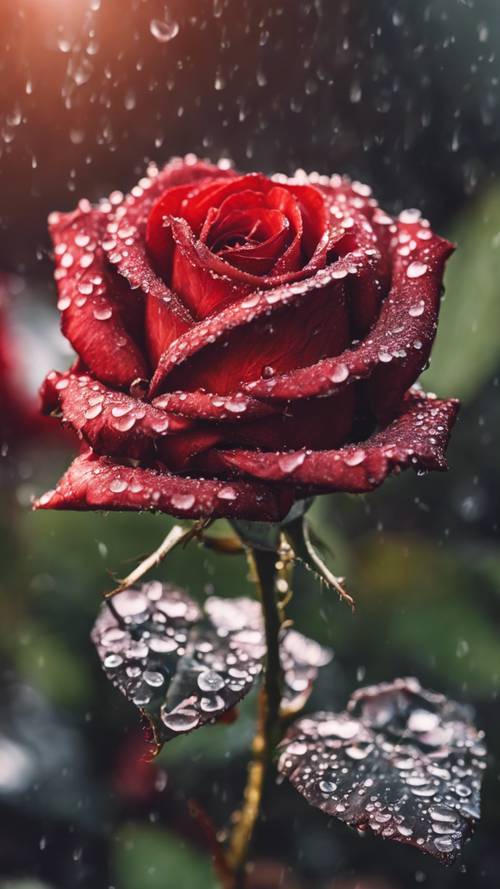 A close up view of dew drops clinging to the petals of a fiery red rose.