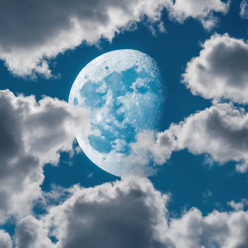 Una luminosa luna blu annidata in una generosa sacca di soffici nuvole bianche.