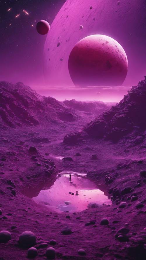 一幅超现实的紫色风景画，背景是一个拥有多个卫星的遥远外星球。