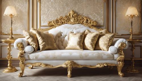 An antique white sofa with gold damask upholstery in a Victorian-style living room.