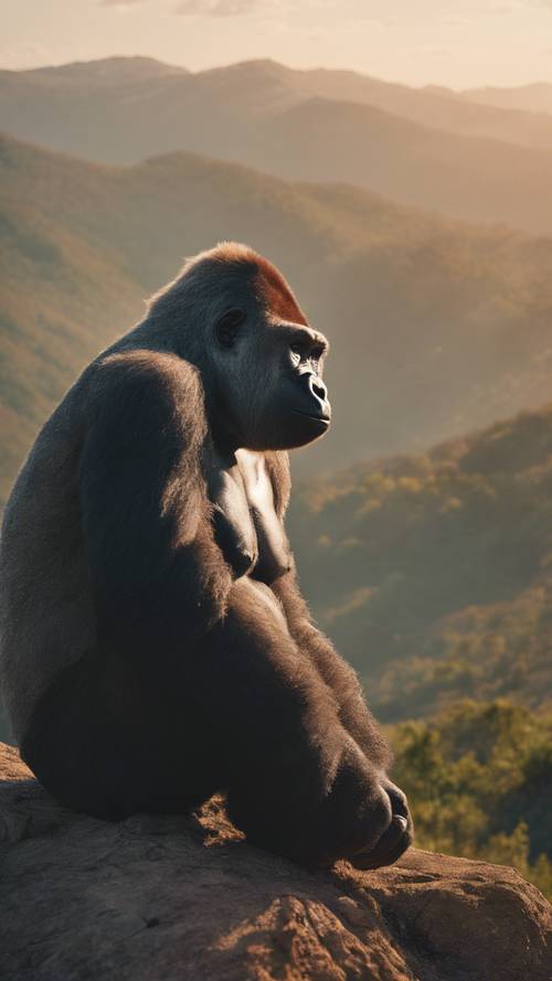 Um gorila idoso e sábio meditando no topo de uma montanha isolada, sob a luz suave do amanhecer.