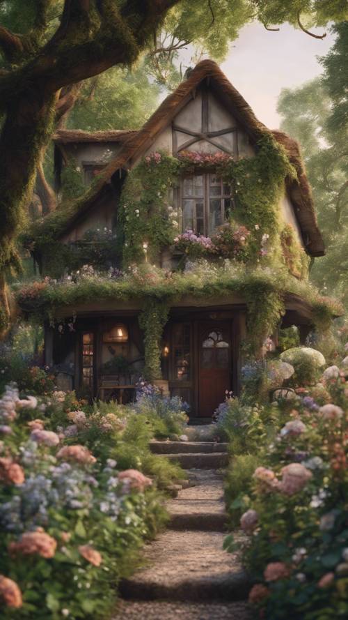 A cozy cottage nestled in an enchanted forest, covered in vines and flowers.