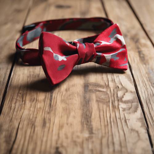 A single red camo patterned bow tie on a polished wooden table.