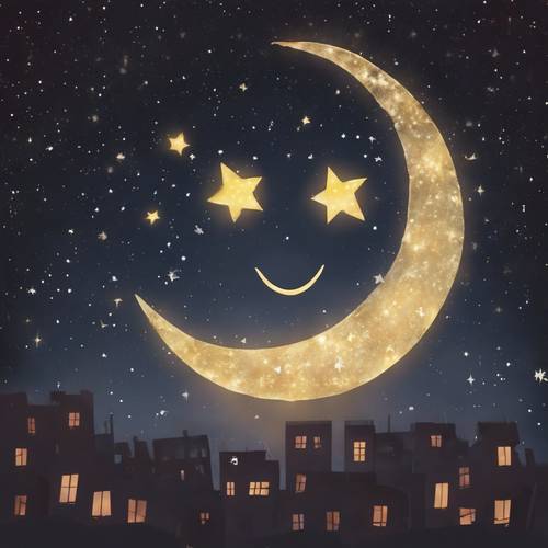 A surreal image of a happy moon, winking down at a serene, star-filled night.