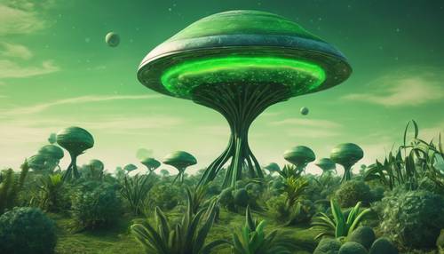 Surrealistyczna interpretacja zielonej obcej planety, z egzotycznymi roślinami i zestawem księżyców widocznych na niebie.