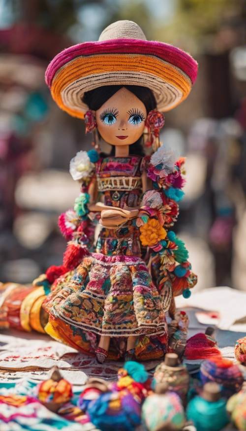 A craft vendor selling intricate handmade Mexican doll crafts under the white afternoon sun Divar kağızı [01fed136399046b483bb]