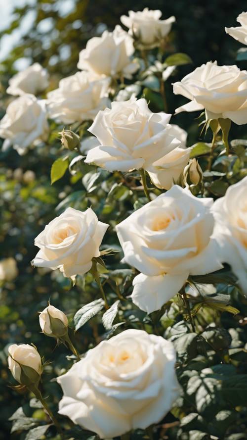 Пышный сад, наполненный яркими белыми розами в сияющий солнечный день.
