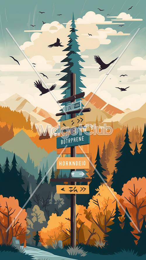 Scenic Autumn Forest Signpost Illustration
