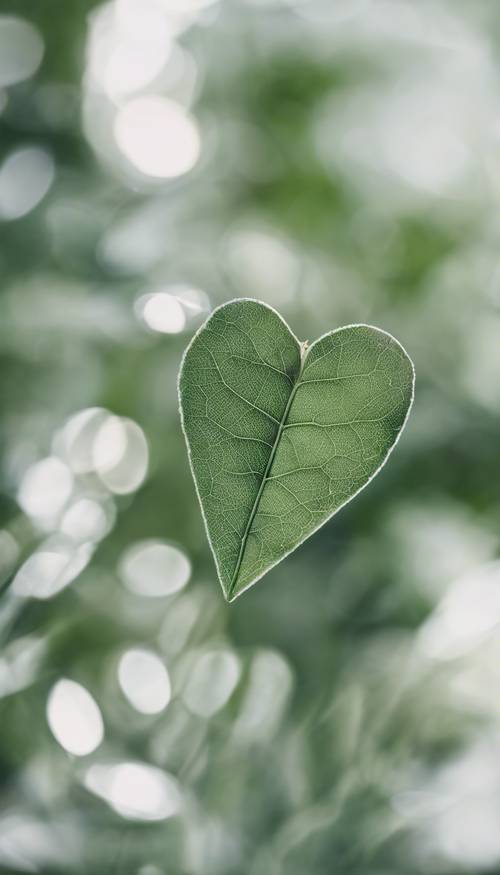 A close up of a sage green leaf in the shape of a heart.