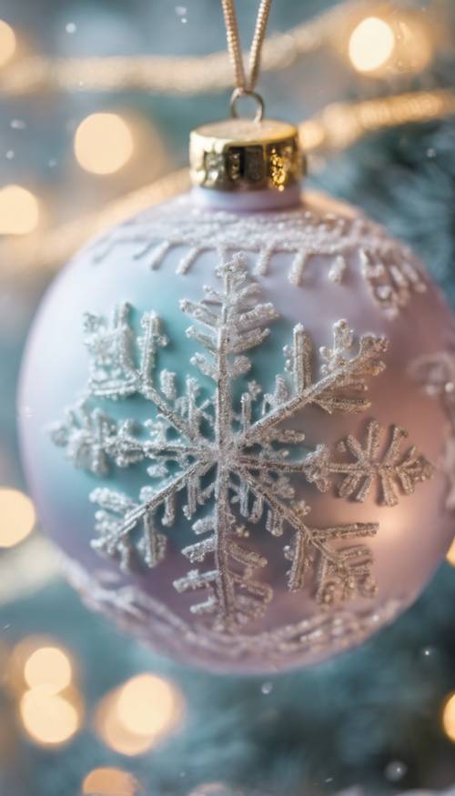 Gros plan d&#39;une boule de Noël pastel avec un délicat motif de flocon de neige. Fond d&#39;écran [c6c779b2af89488e983e]