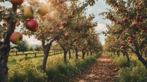 נוף ציורי של מטע תפוחים מוכן לקטיף בשיא הסתיו.