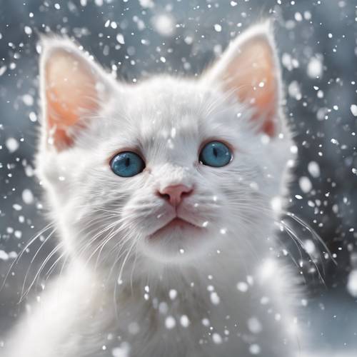 A mischievous white kitten pawing at falling snowflakes during a gentle snowfall.