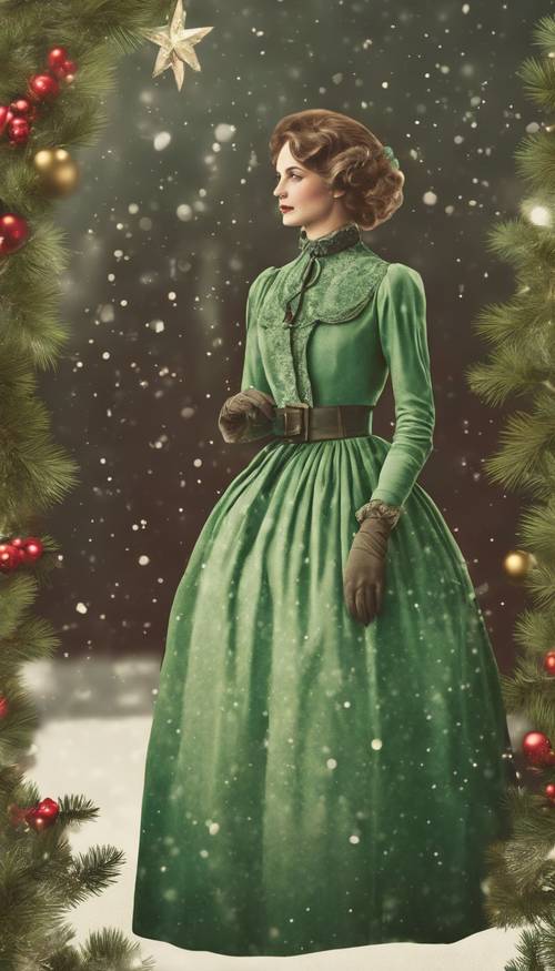 Um cartão postal de Natal vintage com uma ilustração de um vestido vitoriano verde.