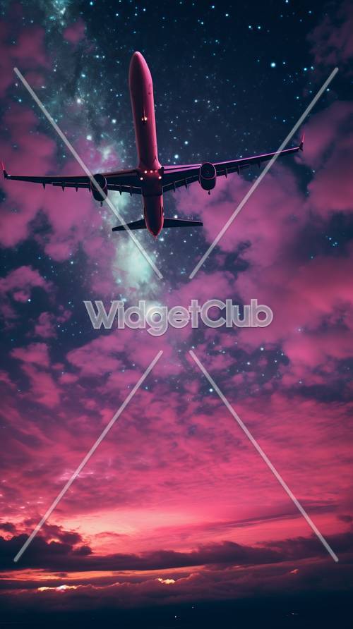 เครื่องบินทะยานผ่านท้องฟ้าสีชมพูเต็มไปด้วยดวงดาว