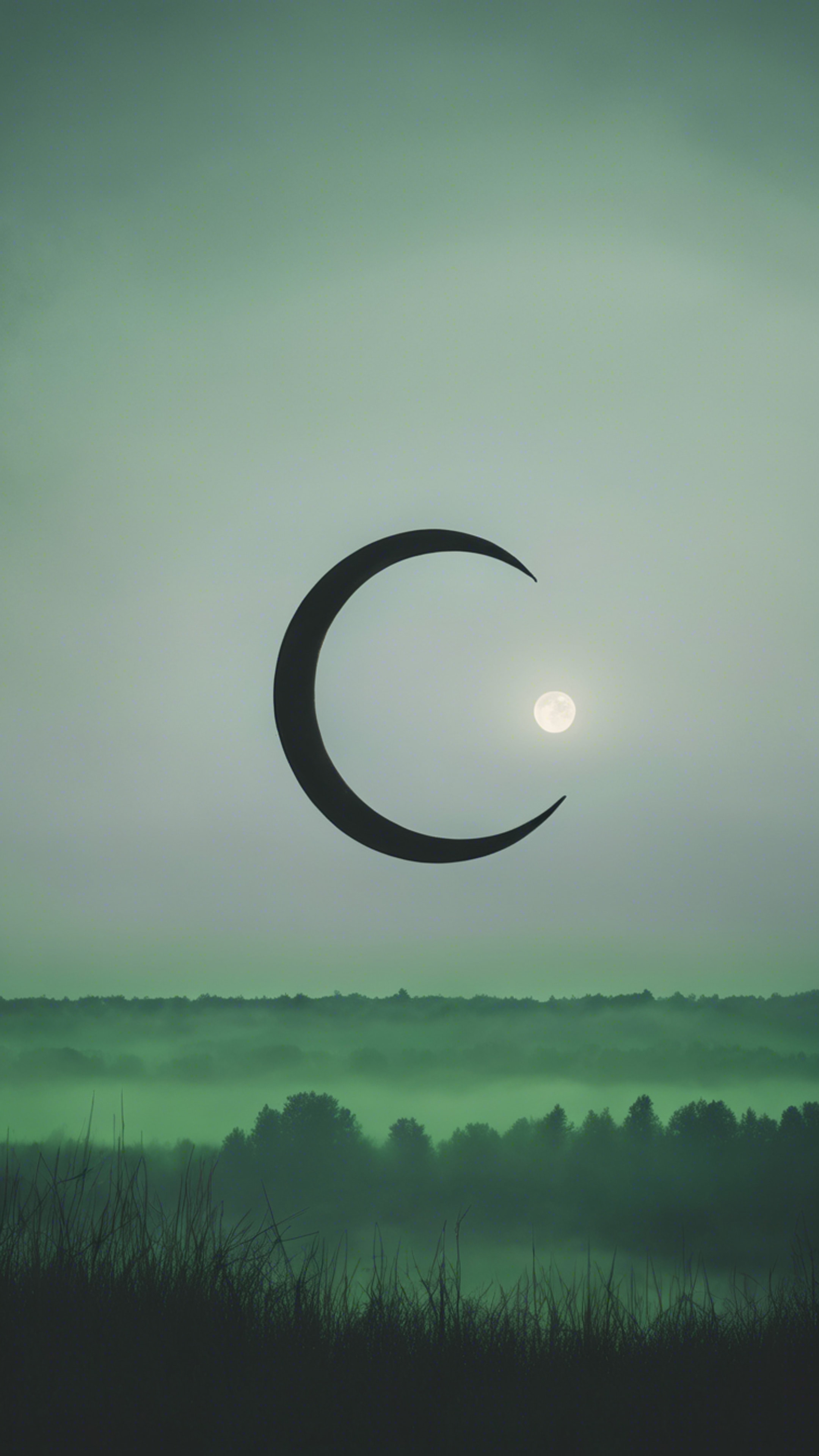Gothic view of a black crescent moon under a green misty sky. Behang[13b0789ef30c4bbcb3bb]