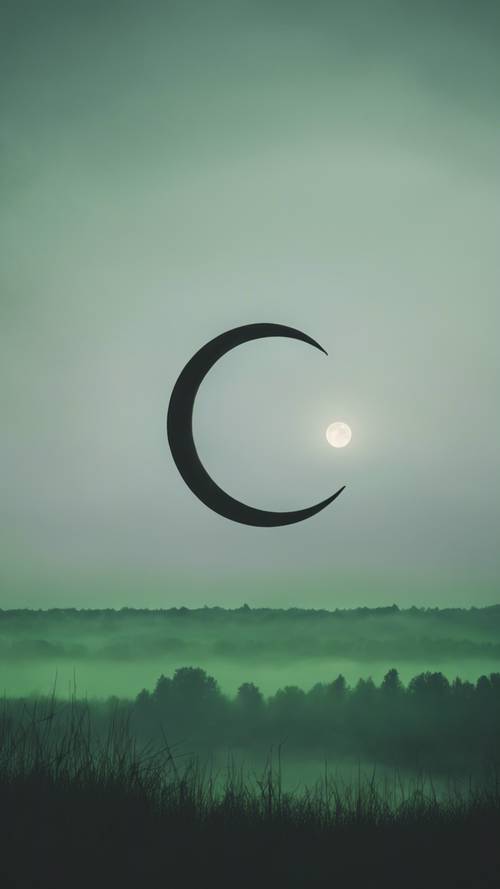 Gotische Ansicht einer schwarzen Mondsichel unter einem grünen, nebligen Himmel.