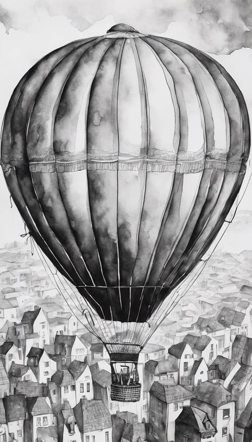 Fantazyjna czarno-biała akwarela przedstawiająca balon na ogrzane powietrze unoszący się nad dachami.