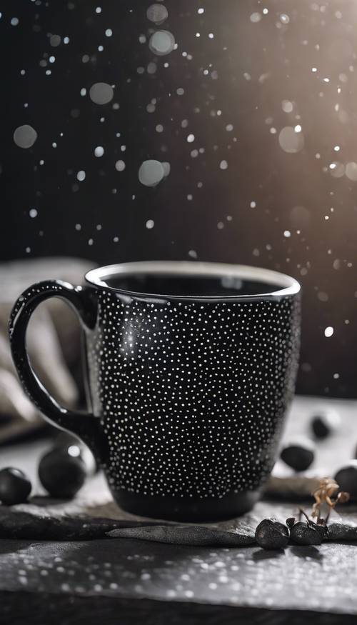 Black square ceramic mug covered with tiny white polka dots