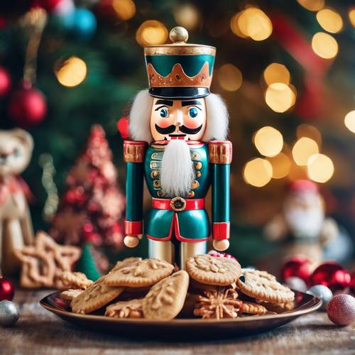 An old-fashioned Christmas nutcracker, hand-painted in festive colors, guarding a platter of holiday cookies.