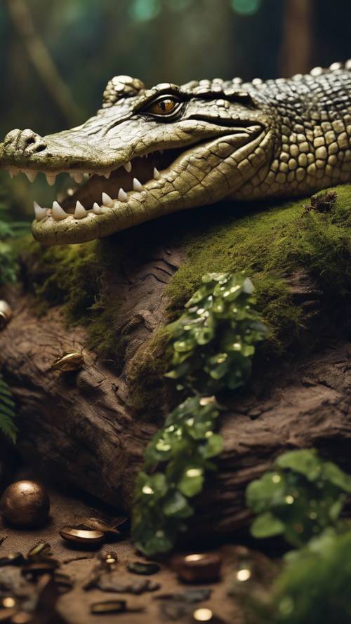 Una escena de bosque mística con un cocodrilo durmiendo encima de un montón de tesoros.