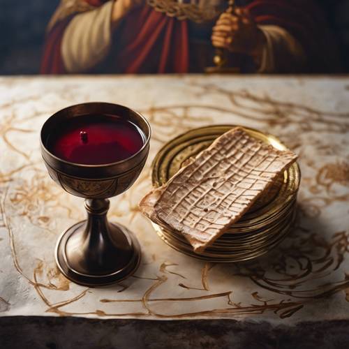美麗的彩繪聖杯和薄餅的細節，代表基督的身體和血，以歷史為背景。