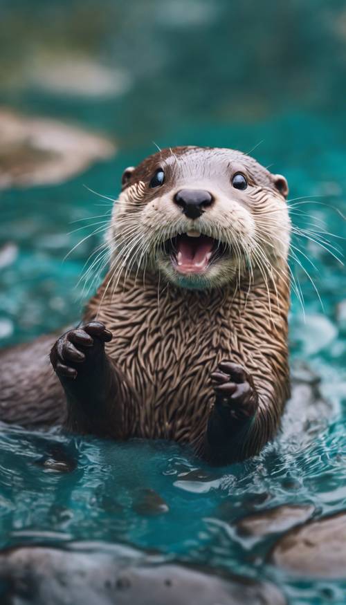 A lively otter waving its paw, mouth opened in a joyful grin while floating on its back in a teal-blue stream with a shiny pebble in its hands.
