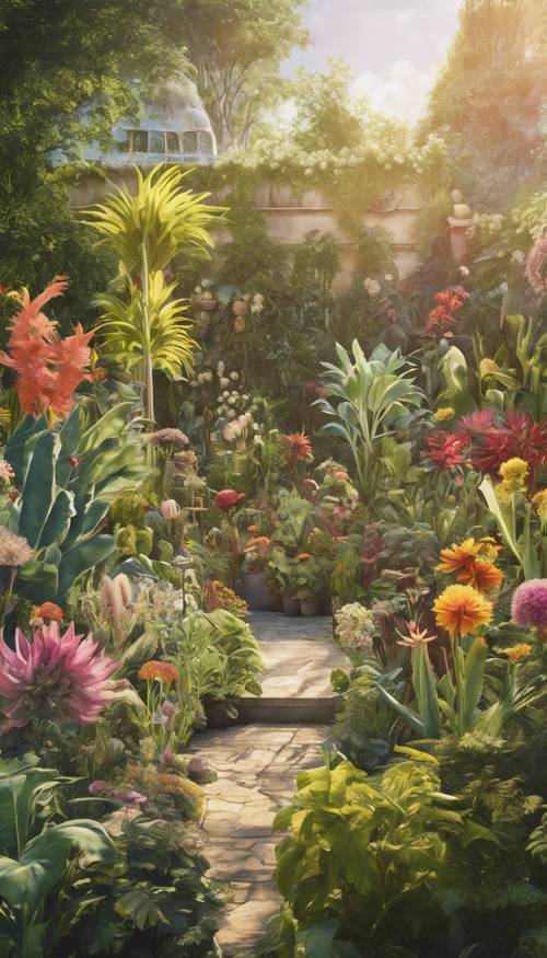 Yaz güneşi altında, çiçek açmış çeşitli egzotik botanik örneklerle dolu, gelişen bir bahçeyi tasvir eden klasik bir duvar resmi.