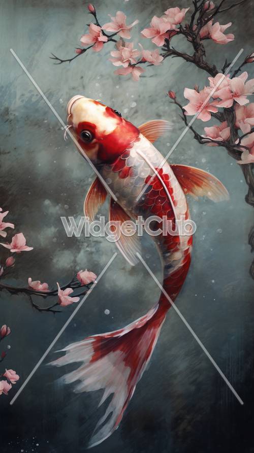 Piękna ryba Koi z kwiatami wiśni