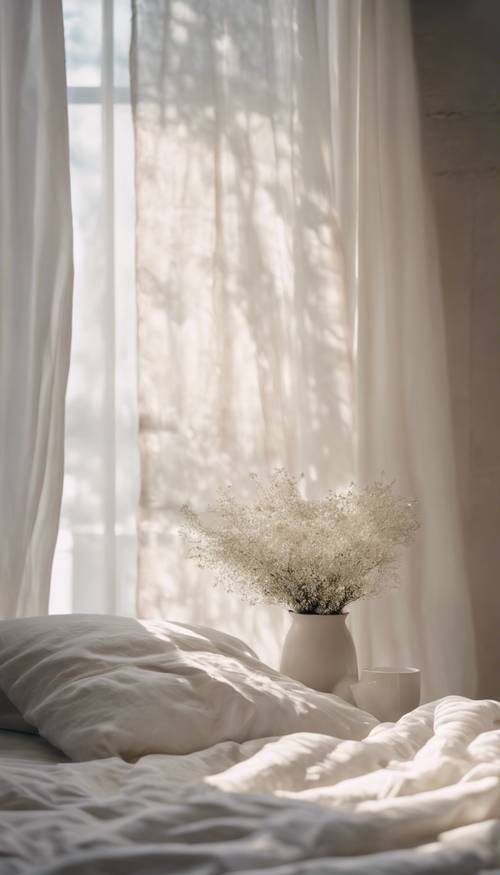 A minimalist bedroom with light spring-inspired décor, sunlight streaming through sheer curtains and brightening the white linen bedspread.