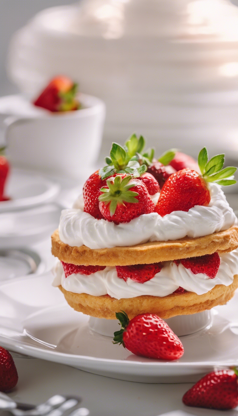 A bright-red strawberry shortcake with freshly whipped cream on a white porcelain dish. 벽지[f04bc4fa4fe24e878c5e]