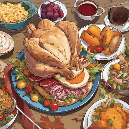 Anime illustration of Thanksgiving leftovers being creatively turned into a delicious Turkey sandwich.