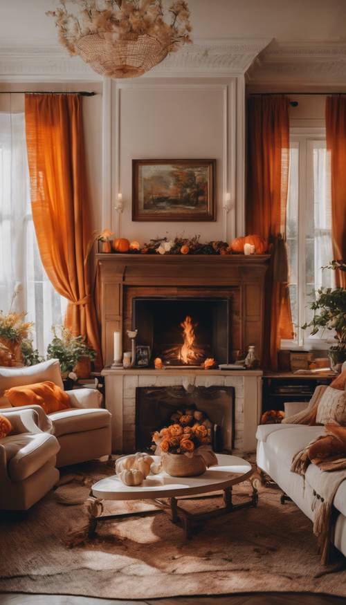 Una acogedora sala de estar antigua con muebles tapizados, cortinas pesadas, un resplandor anaranjado de una chimenea y una vista de un jardín en otoño.