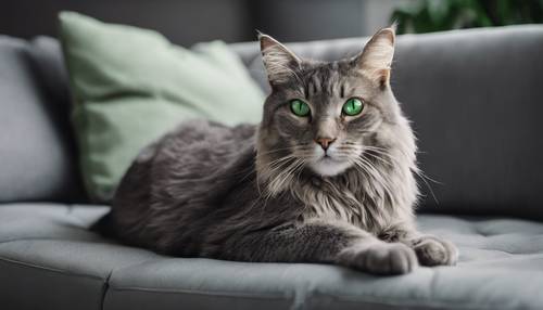A portrait of a gray cat with striking green eyes, resting peacefully on a modern gray couch.