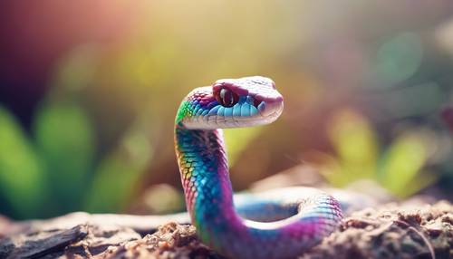 Un simpatico serpente con squame color arcobaleno che si crogiola al sole.