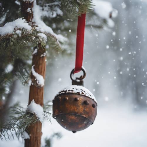 Una campana de trineo oxidada, cuyos timbres no se escuchan, yace sola en la nieve profunda cerca de un críptico pueblo navideño.