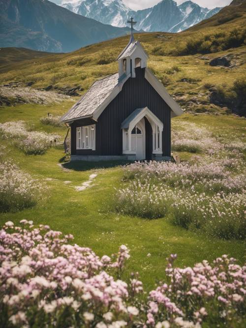 Eine kleine Kapelle inmitten von Frühlingsblumen, mit Bergen im Hintergrund unter einem klaren Himmel.