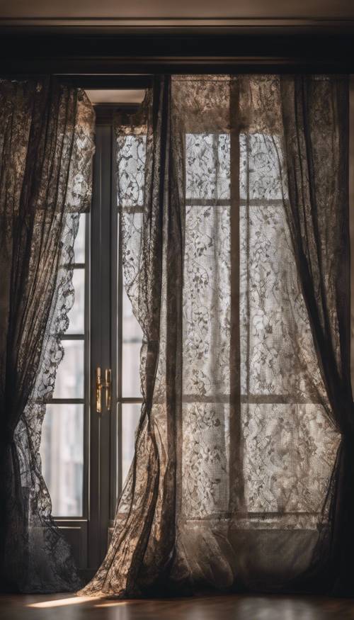 A softly lit room with black lace curtains dancing in a gentle breeze Tapet [7fa2a582abec49a79c50]