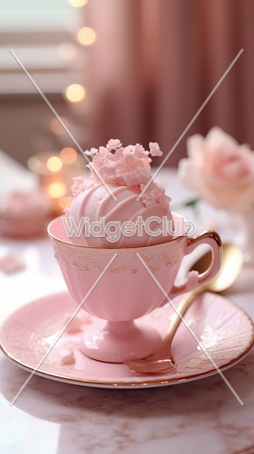 Postre rosa en taza elegante