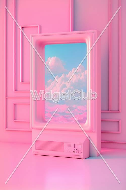 粉紅色復古電視，螢幕上有夢幻般的雲朵