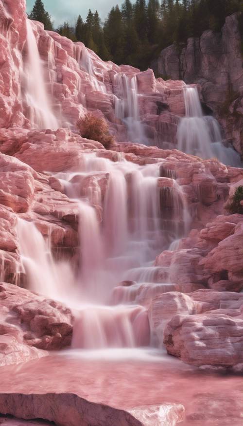 Uma cachoeira de mármore rosa pastel caindo em cascata por uma montanha.