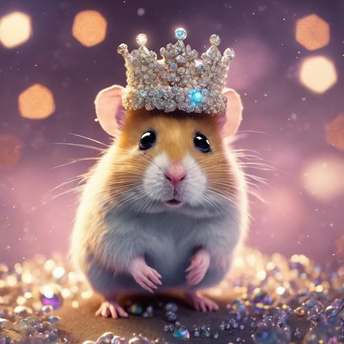 Ilustrasi hamster fantasi ajaib dengan bulu berwarna-warni dan mata berkilau dengan mahkota kecil di kepalanya.