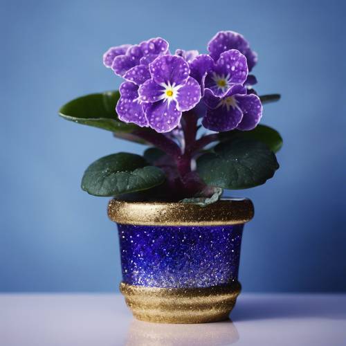 Una pianta in vaso di viola africana scintillante di glitter blu zaffiro.