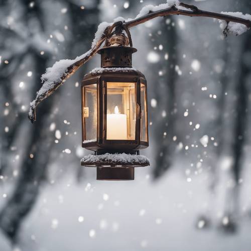 A warmly lit lantern hanging from a snow-laden twig, with a backdrop of a winter forest.