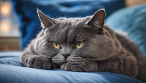 A grumpy looking blue cat lounging lazily on a royal velvet pillow.