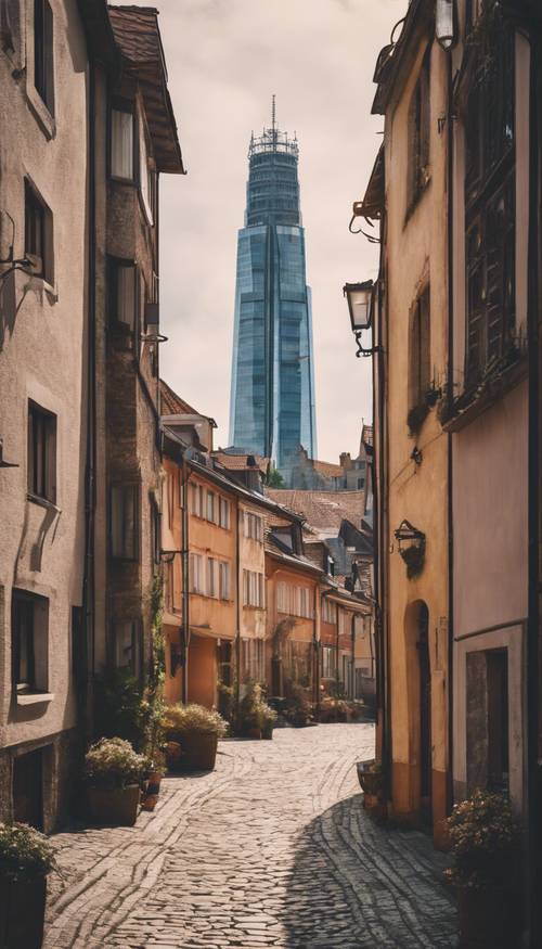 Um arranha-céu moderno aninhado em meio a uma vila europeia tradicional.