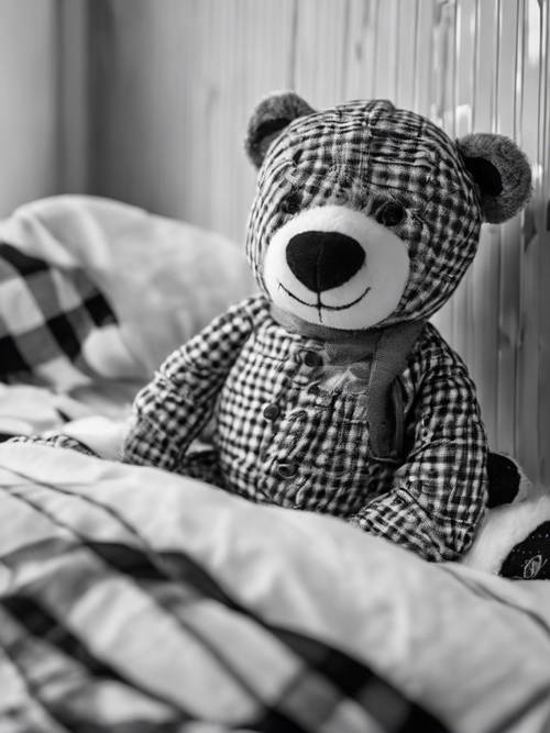 A black and white plaid teddy bear sitting on a child's bed.
