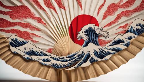 Patrones de ondas japonesas rojas tradicionales en un abanico de papel doblado.
