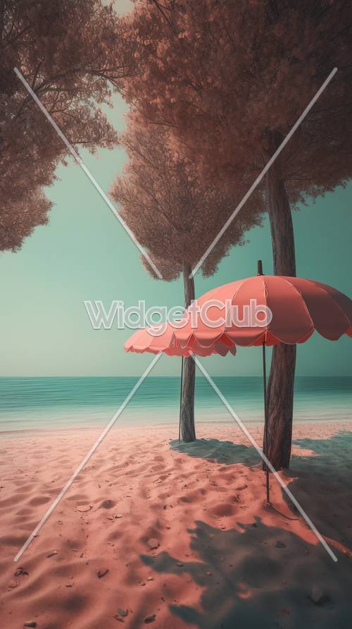 海辺のピーチ色の日傘で楽しむビーチリゾート